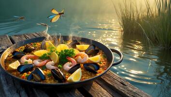 Serving Seafood Paella Dish by the Water with Dragonflies Hovering photo