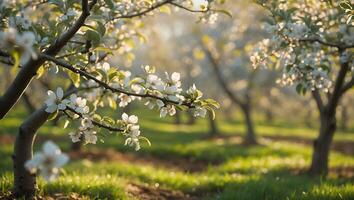 Flowering Tree Blossoms in Orchard with Spring Green Grass Landscape photo