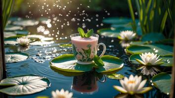 Drink on Lily Pad Surrounded by Water Lilies in Pond photo