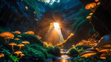 Glowing Mushrooms and Waterfall in Enchanted Forest with Sunlit Archway photo