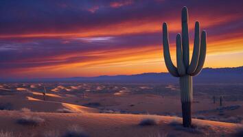 Cactus Standing Tall in Desert Landscape at Sunset with Dramatic Sky photo