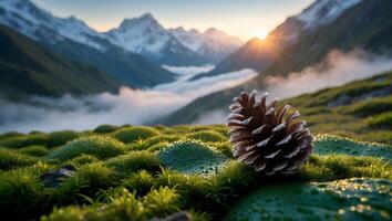Pinecone on Mossy Terrain with Mountain Scenery at Sunrise photo