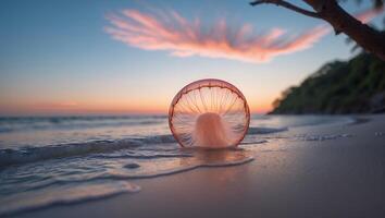 Seashell on Beach at Sunset with Warm Light and Gentle Waves photo