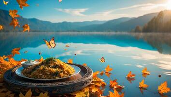 Delicious Food by a Serene Lake with Autumn Leaves and Butterflies photo