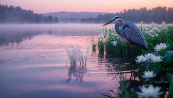 Heron Standing in Water with Water Lilies at Dusk Serene Scene photo