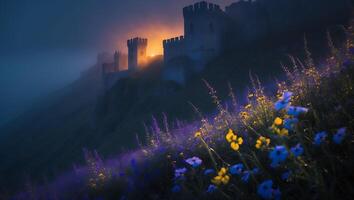 Castle on Hill at Twilight with Fog and Wildflowers in Foreground photo