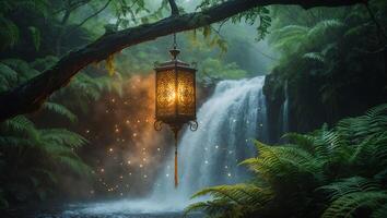 Ornate Lantern Hanging Near Waterfall in Lush Tropical Forest Setting photo