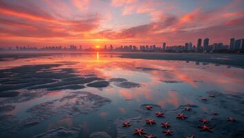 Dramatic Cityscape Sunset Reflected in Shallow Water with Starfish photo