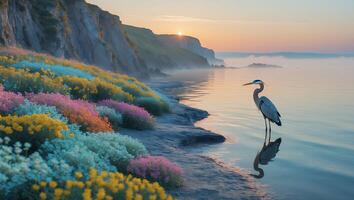 Heron Stands in Calm Water with Coastal Flowers at Sunrise photo