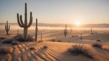 Cactus in Desert Landscape at Sunrise with Foggy Horizon photo