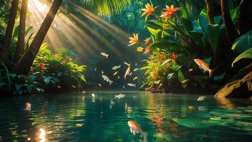 Fish Swimming in Tranquil Pond with Sunlight Filtering Through Trees photo