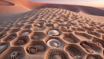Seashells in Desert Sandscape at Sunrise a Dreamlike Composition photo