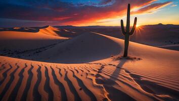 Cactus Silhouette in Desert Sand Dunes at Sunset with Colorful Sky photo
