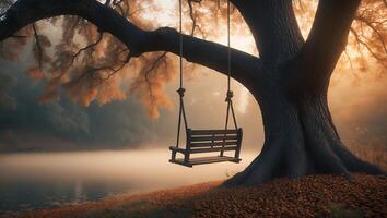 Tree Swing Hanging Over Lake with Golden Light and Autumnal Leaves photo