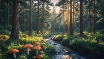 Mushroom Meadow by Forest Stream Bathed in Sunlight Creates Magical Atmosphere photo