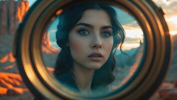 Woman Looking Through an Antique Frame at a Desert Landscape photo