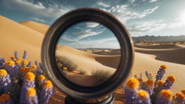 Exploring Desert Landscape Through Optical Lens with Wildflowers at Foreground photo