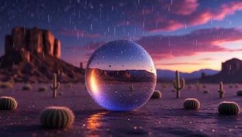Desert Landscape with Rain Reflected in a Glass Sphere at Sunset photo