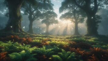 Sunlight Filtering Through Forest with Ferns and Flying Birds photo