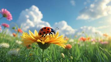 Ladybug Resting on a Yellow Flower in a Sunny Meadow photo