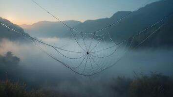 Spiderweb with Water Droplets in Misty Mountain Landscape at Dawn photo