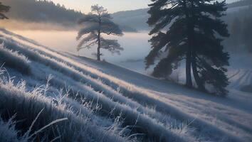 Frosty Winter Landscape with Grass Field and Trees on Hillside photo