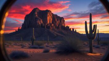 Arizona Desert Landscape with Cactus and Dramatic Sunset Sky photo