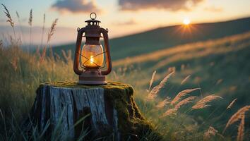 Illuminated Lantern on Mossy Stump in a Grassy Field at Sunset photo
