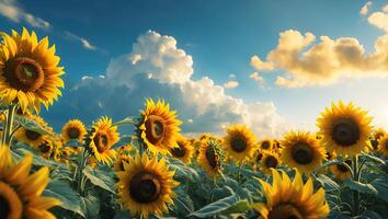 Blooming Sunflower Field Under a Bright Blue Sky with Clouds photo