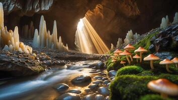 Tranquil Stream Flows Through Sunlit Cave with Mushrooms and Formations photo