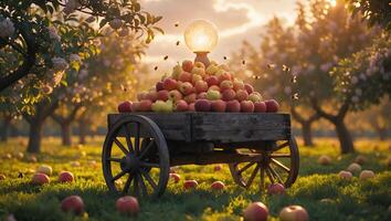 Harvesting Apples in Orchard with Cart and Warm Sunlight Glow photo