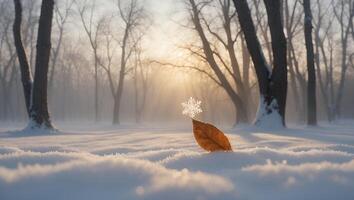 Snowflake on Leaf in Winter Forest Landscape with Foggy Sunlight photo