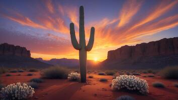 Cactus Silhouette at Desert Sunset with Orange Sky and Red Sand photo
