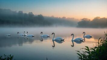 Swans Swimming in Foggy Lake at Dawn with Reflections photo