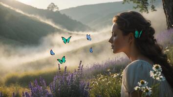 Woman Contemplates Nature with Butterflies in Lavender Field photo