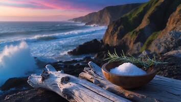 Bowl of Salt and Rosemary on Driftwood Overlooking Coastal Sunset photo