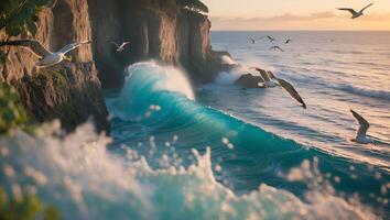 Crashing Wave at Rocky Coast with Flying Seagulls at Sunset photo