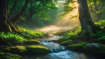 Flowing Stream Through Lush Green Forest with Sunlight and Fog photo