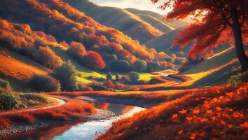 Autumn River Landscape with Colorful Trees and Hills in Valley photo