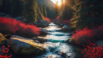 Cascading Mountain Stream Flowing Through Forest with Bright Red Bushes photo