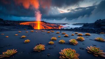Volcanic Flow Landscape with Coastal Succulents and Dramatic Cloudy Skies photo