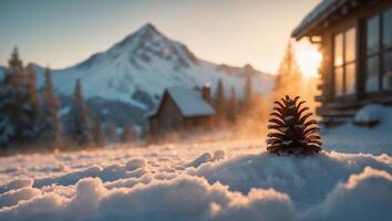 Pine Cone on Snow with Mountain and Cabin in Winter photo