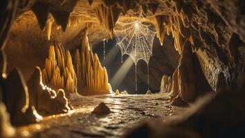 Exploring Dark Cave with Stalactites and Glowing Spiderweb Underground photo