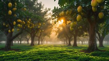 Sunlit Orchard with Fruit Trees and Grassy Ground Cover at Dawn photo