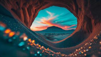 Viewing Distant Mountain Through Rock Cave Opening with Desert Landscape photo