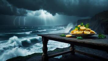 Lemons and Mint on Wooden Table Overlooking Dramatic Ocean Storm photo
