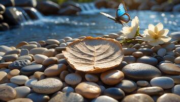 Relaxing River Scene with Pebble Stones, Leaf, Butterfly and Flowers photo