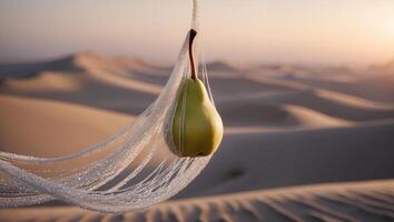 Hanging Pear in a Sparkling Net with Desert Landscape Backdrop photo