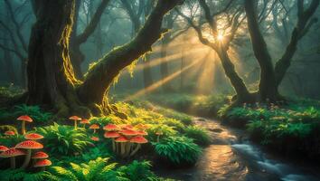 Sunlight Streaming Through Enchanted Forest with Stream and Mushrooms photo