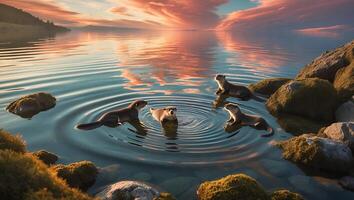 Otters Swimming in Calm Lake Water Reflecting Colorful Sunset Sky photo